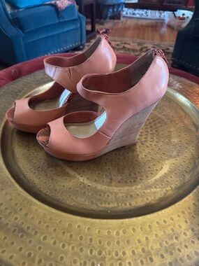 Seychelles Coral Peep-Toe Wedge Sandals with Ankle Zip